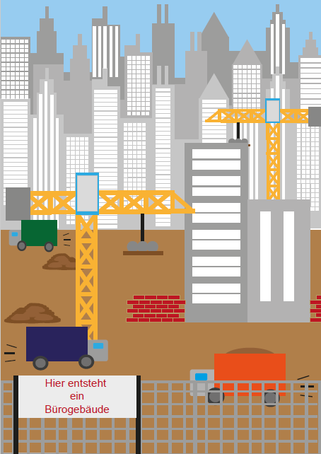 Baustelle mit Kräne und einer Skyline im Hintergrund