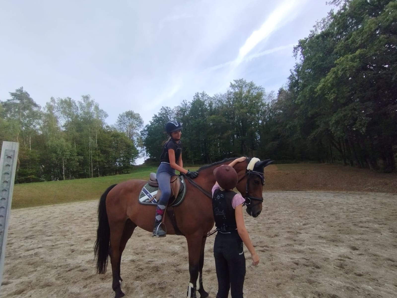 Ein Reiter lobt sein Pferd während eine Freundin das Pferd streichelt